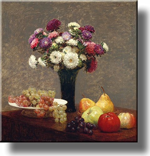 Aster Flowers and Fruit on Table Picture on Stretched Canvas, Wall Art Décor, Ready to Hang!