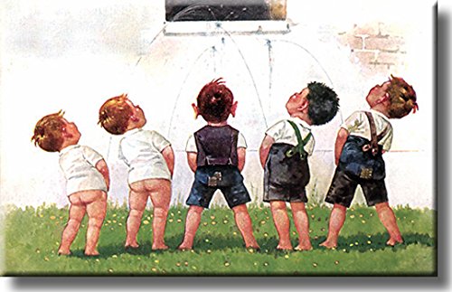 Boys Contest Urinating into Window Picture on Stretched Canvas, Wall Art Decor, Ready to Hang!