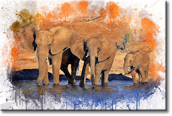 African Elephants Crossing Water Picture on Stretched Canvas, Wall Art Décor, Ready to Hang