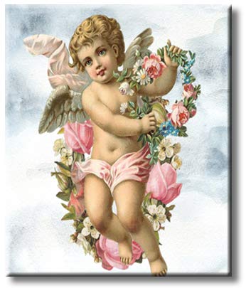 A Blond Cherub Cupid Angel Holding Flowers with Clouds Picture on Stretched Canvas, Wall Art Décor, Ready to Hang