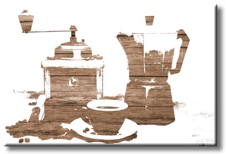 Coffee Pot Maker with Coffee Cup Kitchen Posters on Stretched Canvas, Wall Art Décor, Ready to Hang, Coffee Lovers