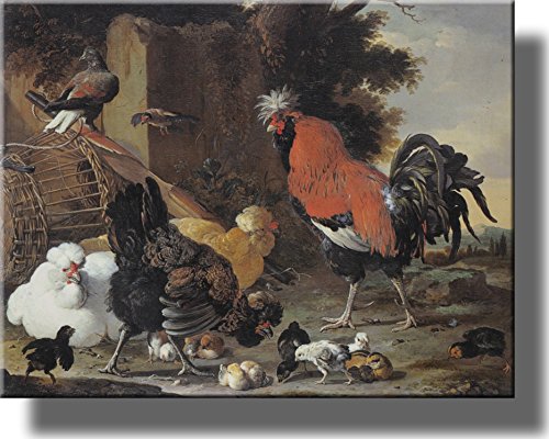 A Rooster and a Hen with Chicks by Melchior de Hondecoeter on Stretched Canvas, Wall Art Decor Ready to Hang!.