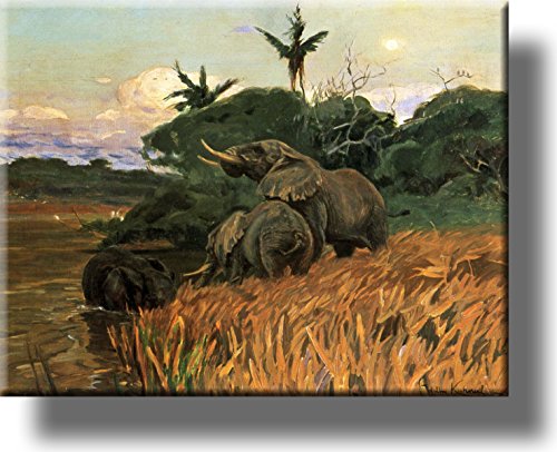 A Herd of Elephants by Kuhnert Picture on Stretched Canvas, Wall Art Décor, Ready to Hang!