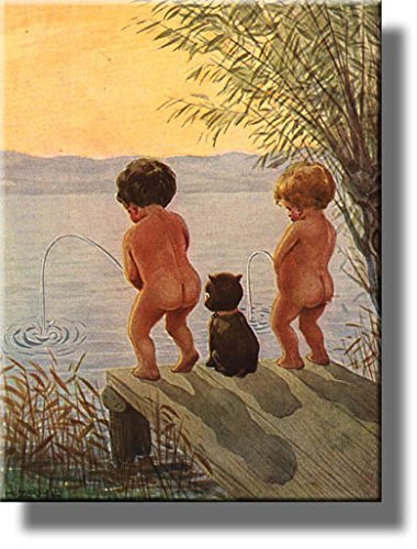 Boys by The Lake Distance Record Toilet Bathroom Picture Made on Stretched Canvas, Wall Art Decor Ready to Hang.