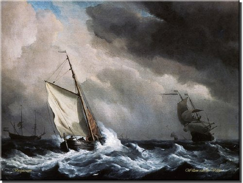 A Ship in High Seas, Velde- Picture on Stretched Canvas Wall Art Decor Sign, Ready to Hang!.