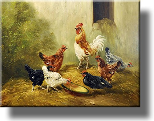 Rooster Overlooking Hens Eating Picture on Stretched Canvas, Wall Art Décor, Ready to Hang!