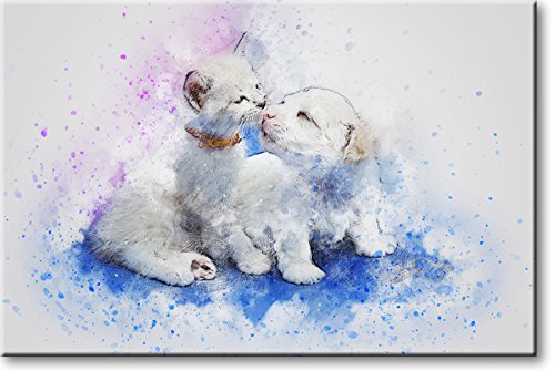White Cat and Dog Picture on Stretched Canvas, Wall Art Décor, Ready to Hang