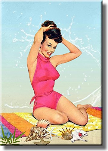 Vintage Beach Retro Girl Bathroom Picture on Stretched Canvas, Wall Art Décor, Ready to Hang