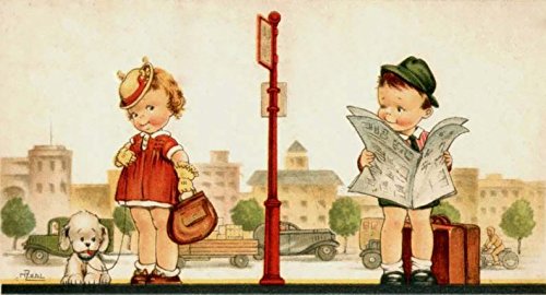 Boy and Girl at Bus Station Vintage Picture on Stretched Canvas, Wall Art Décor, Ready to Hang!
