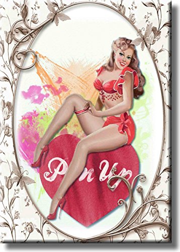 Vintage Pin Up Girl Sitting on Heart Picture on Stretched Canvas, Wall Art Décor, Ready to Hang