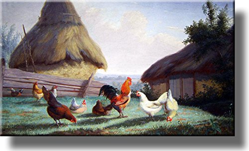 Chicken in Farmyard Wall Picture on Stretched Canvas, Ready to Hang!