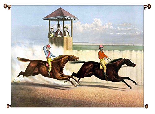 Horse Race Vintage Picture on Large Canvas Hung on Copper Rod, Ready to Hang, Wall Art Décor