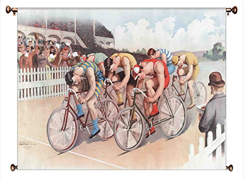 Bicycle Race Vintage Picture on Large Canvas Hung on Copper Rod, Ready to Hang, Wall Art Décor