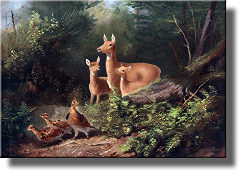 Deer, Pheasant Birds in the Forest Wall Picture on Stretched Canvas, Wall Art Decor Ready to Hang!.