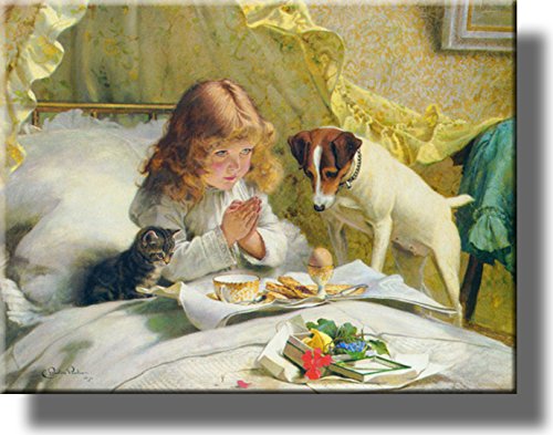 Girl Praying with Two Pets Picture on Stretched Canvas, Wall Art Décor, Ready to Hang!