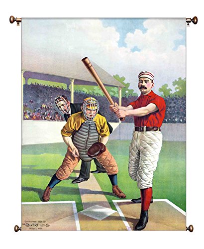 Vintage Baseball Player Picture on Large Canvas Hung on Copper Rod, Ready to Hang, Wall Art Décor