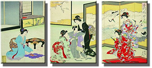 Japanese Girls, Japanese Art by Chikanobu Toyohara, Japan 3 Panels Picture on Stretched Canvas, Wall Art Decor Ready to Hang!.