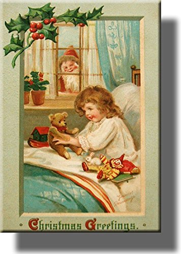 Santa Claus Peeking Through Window, Christmas Greeting Picture on Stretched Canvas, Wall Art Décor, Ready to Hang!