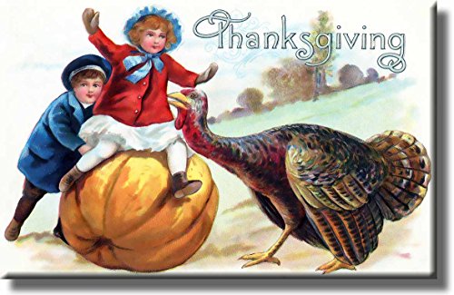 Vintage Thanksgiving, Boy and Girl on Pumpkin Picture on Stretched Canvas, Wall Art Décor, Ready to Hang