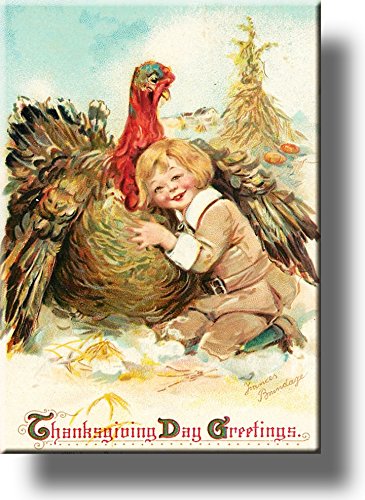 Boy Hugging Thanksgiving Turkey by Brundage, Picture on Stretched Canvas Wall Art Décor, Ready to Hang!