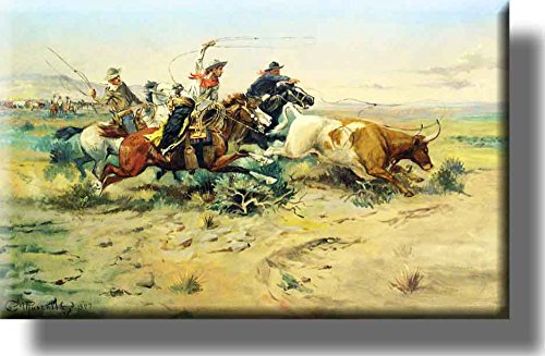 Vintage Cowboy Bull Catch Rodeo Picture on Stretched Canvas, Wall Art Decor, Ready to Hang!