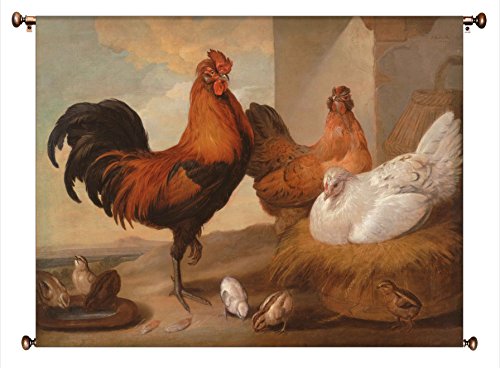 Rooster and Chicken Painting Picture on Canvas Hung on Copper Rod, Ready to Hang, Wall Art Décor
