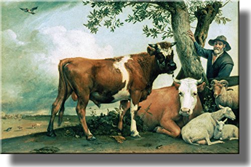 Farmer with Cows and Sheep by Potter, Picture on Stretched Canvas, Wall Art Décor, Ready to Hang!