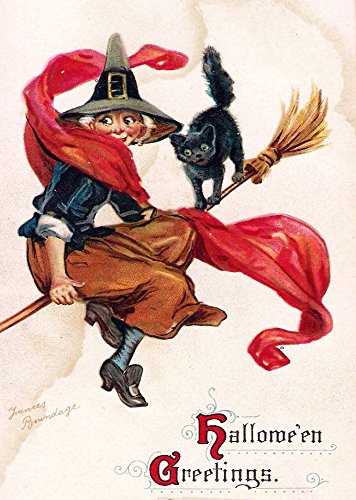 Witch and Cat on a Broom Halloween Greetings by Brundage, Picture on Stretched Canvas, Wall Art Décor, Ready to Hang!