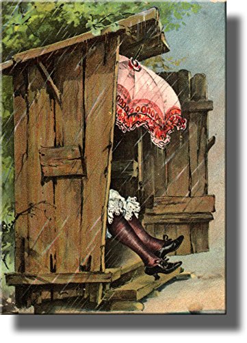 A Woman with Umbrella in Ladies Outhouse Toilet Bathroom Picture on Stretched Canvas, Wall Art Decor Ready to Hang!.