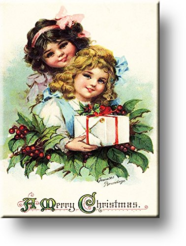 Girls with Christmas Present, Merry Christmas by Frances Brundage Picture on Stretched Canvas, Wall Art Décor, Ready to Hang!