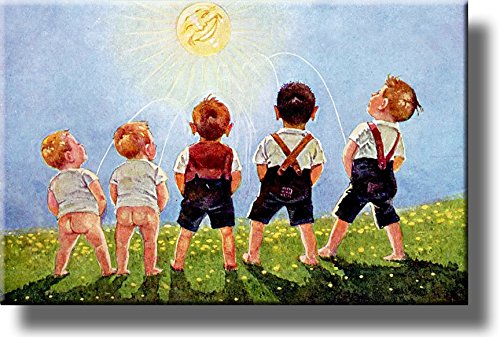 Boys Urinating into the Sun, Toilet Bathroom Picture on Stretched Canvas Wall Art Decor, Ready to Hang!