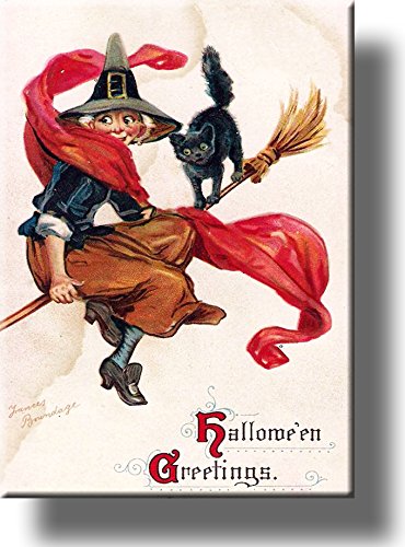 Witch and Cat on a Broom Halloween Greetings by Brundage, Picture on Stretched Canvas, Wall Art Décor, Ready to Hang!