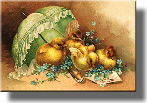 Easter Chicks under Umbrella Picture on Stretched Canvas, Wall Art Décor, Ready to Hang!