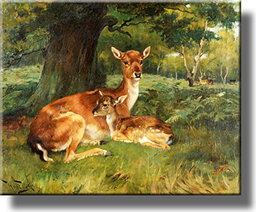 Fallow Deer Beside a Tree Picture on Stretched Canvas, Wall Art Décor, Ready to Hang!