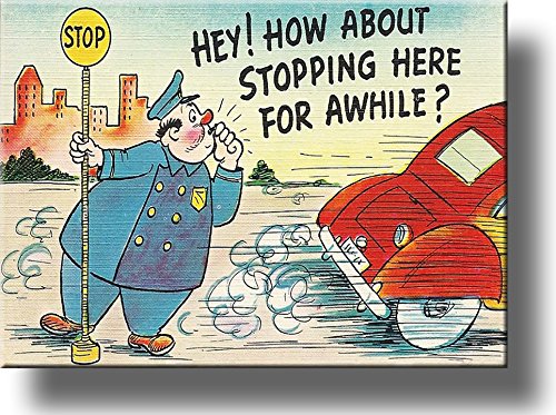 How About Stopping Here, Police Officer and Speeding Car Picture on Stretched Canvas, Wall Art Décor, Ready to Hang!