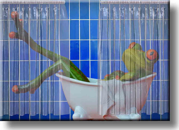 Frog Taking a Bath Bathroom Picture on Stretched Canvas, Wall Art decor, Ready to Hang!