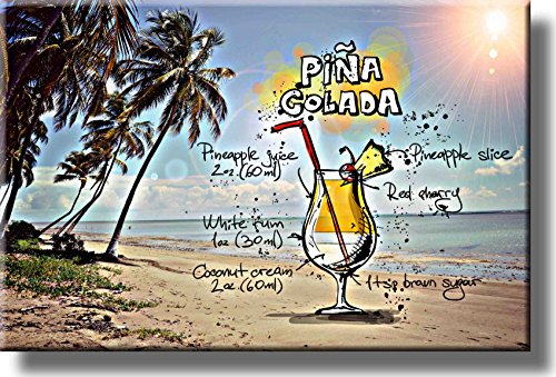 Pina Colada Cocktail Recipe Drink Picture on Stretched Canvas, Wall Art Decor, Ready to Hang!