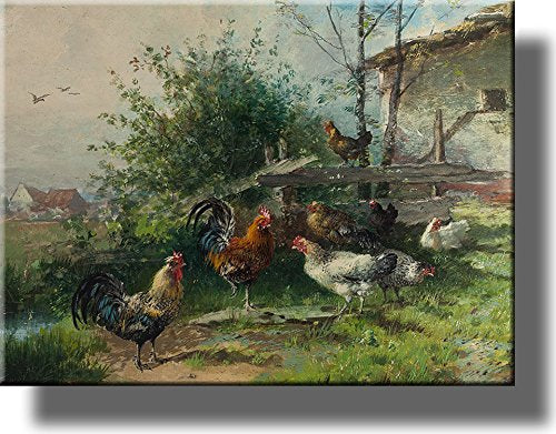 Rooster and Chicken Hens, Farm Animals Wall Picture on Stretched Canvas, Wall Art Décor, Ready to Hang!