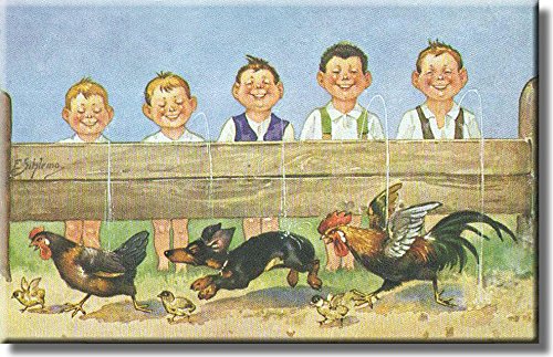 Boys Urinating Contest on a Farm Picture on Stretched Canvas, Wall Art Decor, Ready to Hang!