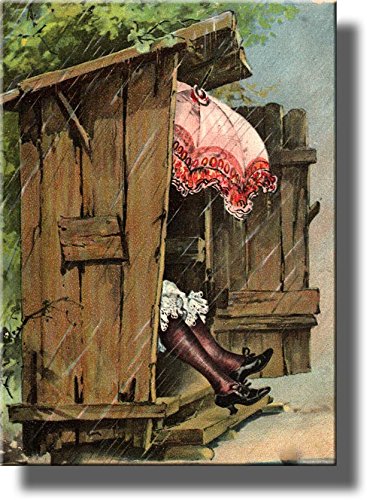 A Woman with Umbrella in Ladies Outhouse Toilet Bathroom Picture on Stretched Canvas, Wall Art Decor Ready to Hang!.