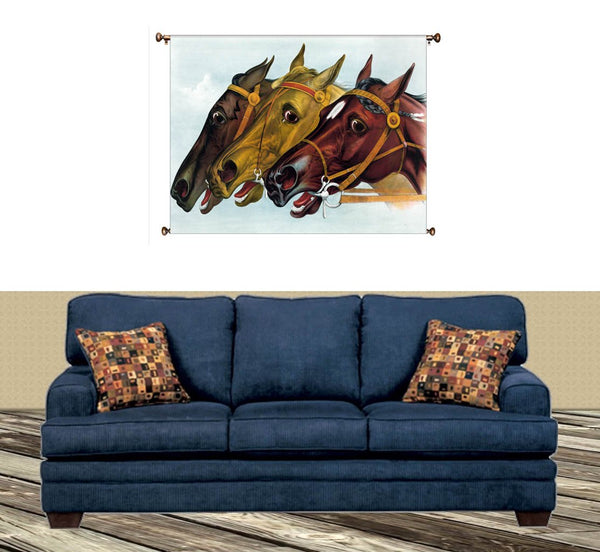 Neck to Neck Horse Race Picture on Canvas Hung on Copper Rod, Ready to Hang, Wall Art Décor