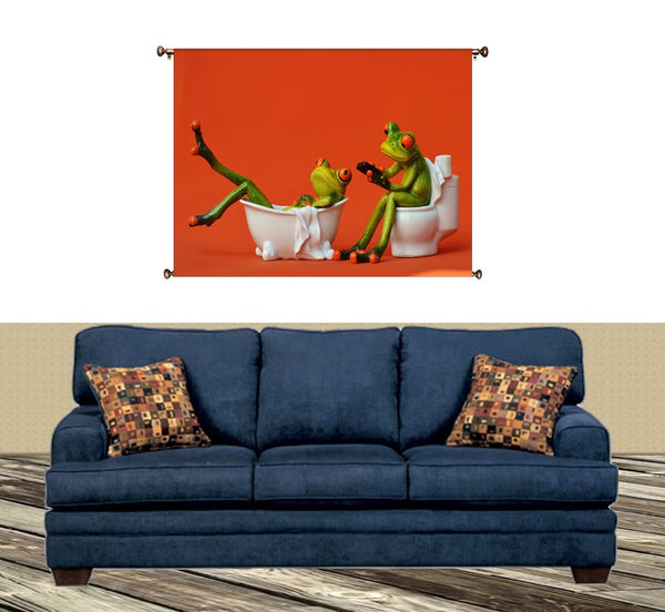 Frogs in Bathtub Bathroom Picture on Canvas Hung on Copper Rod, Ready to Hang, Wall Art Décor