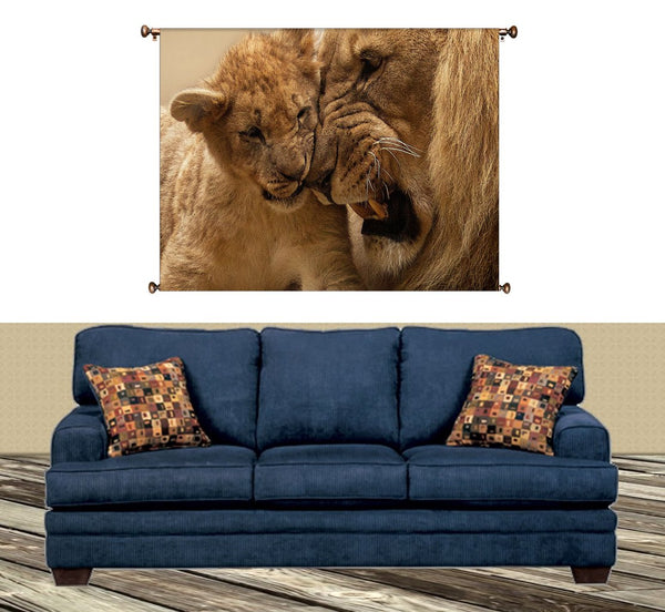 Lion and Cub Playing Picture on Canvas Hung on Copper Rod, Ready to Hang, Wall Art Décor