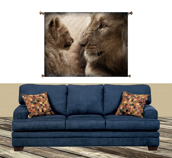 Lion and Cub Picture on Canvas Hung on Copper Rod, Ready to Hang, Wall Art Décor
