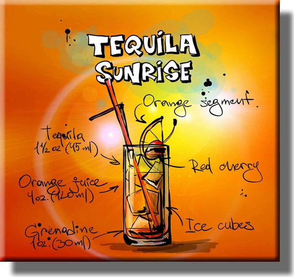 Tequila Sunrise Cocktail Recipe Picture on Stretched Canvas, Wall Art Decor, Ready to Hang!