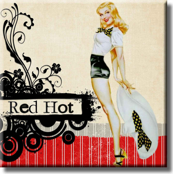 Red Hot Vintage Retro Pin Up Girl Picture on Stretched Canvas, Wall Art Décor, Ready to Hang