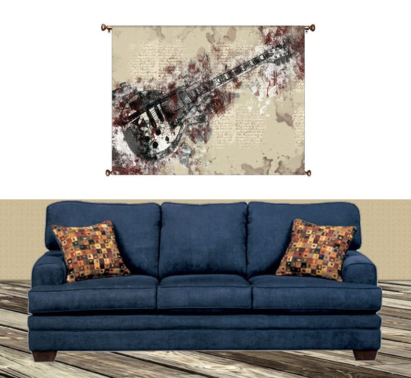 Electric Guitar Vintage Picture on Large Canvas Hung on Copper Rod, Ready to Hang, Wall Art Décor