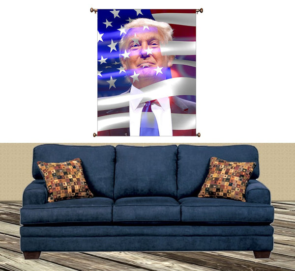 Donald Trump and American Flag Picture on Large Canvas Hung on Copper Rod, Ready to Hang, Wall Art Décor
