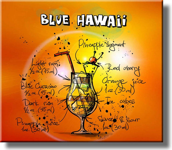 Blue Hawaii Recipe Drink Picture on Stretched Canvas, Wall Art Decor, Ready to Hang!