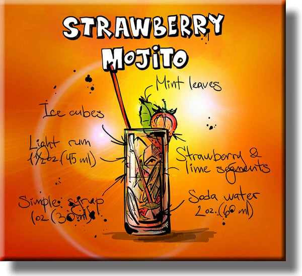 Strawberry Mojito Cocktail Recipe Picture on Stretched Canvas, Wall Art Decor, Ready to Hang!